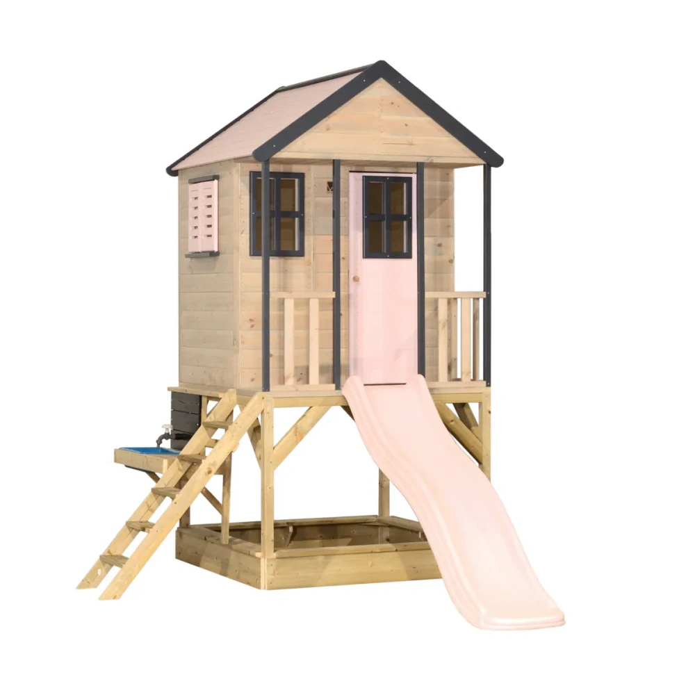 Dětský dřevěný zahradní domeček Cottage Shop - s platformou, skluzavkou a kuchynkou, pastelově růžová