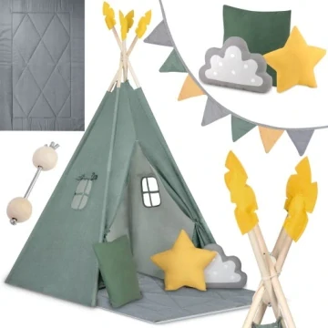Dětský stan Teepee s podložkou a polštářky - zeleno žlutá