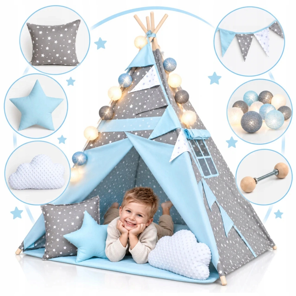 Dětský stan teepee s podložkou, polštářky a světýlky - hvězdičky, modrá