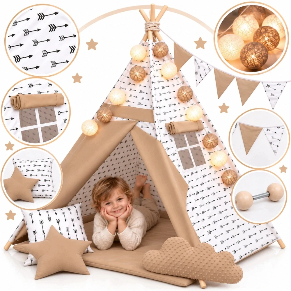 Dětský stan teepee s podložkou, polštářky a světýlky - šípy, béžová
