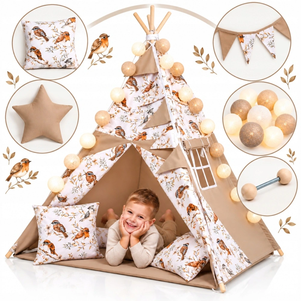 Dětský stan teepee s podložkou, polštářky a světýlky - ptáčci, béžová