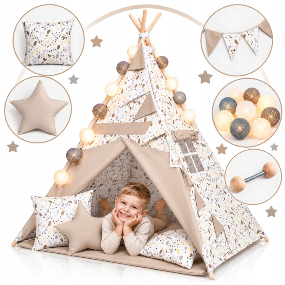 Dětský stan teepee s podložkou, polštářky a světýlky - puntiky, béžová