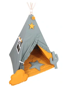 Stan pro děti týpí - zeleno-žlutý s pom poms