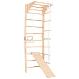 Žebřiny dřevěné s houpačkou, kruhy, žebříkem a skluzavkou KOMBI 3 - natural