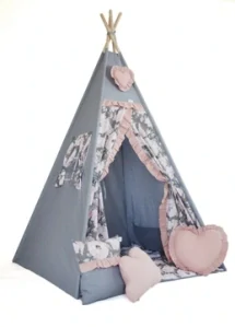 Stan teepee pro děti - šedá + pivonky