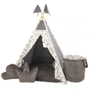 Dětský teepee stan - šedý pírka