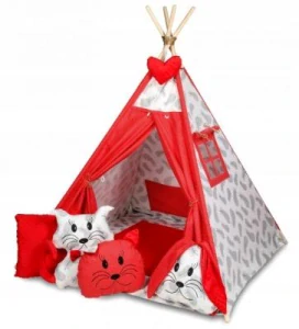 Stan pro děti týpí - šedá, červená - peříčka