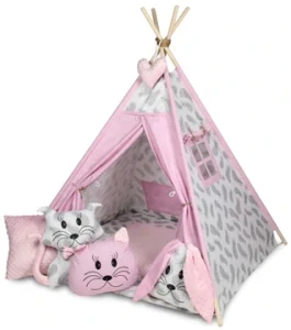 Stan pro děti týpí - šedá, růžová - peříčka