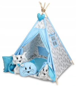 Stan pro děti týpí - šedá, modrá - peříčka