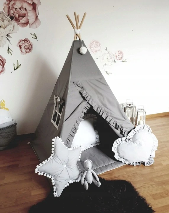Stan pro děti týpí - šedý s pom poms