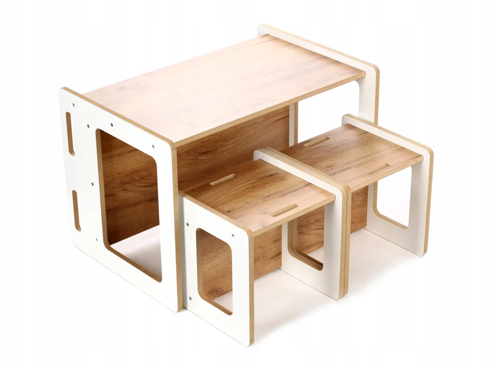 Dětský stůl a židlička - sestava 3v1 - buk a bílá