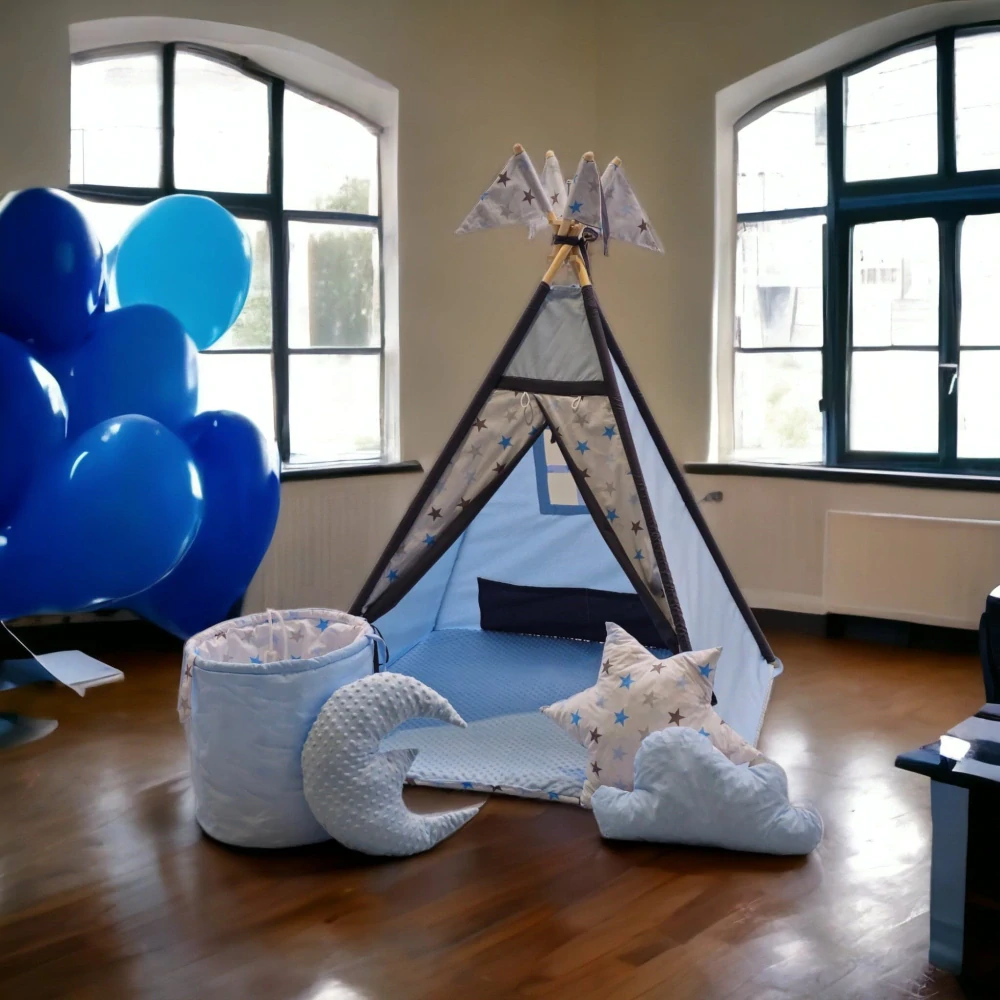 Dětský teepee stan - modrý hvězdičky