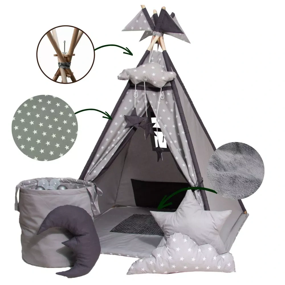 Dětský teepee stan - šedý pírka