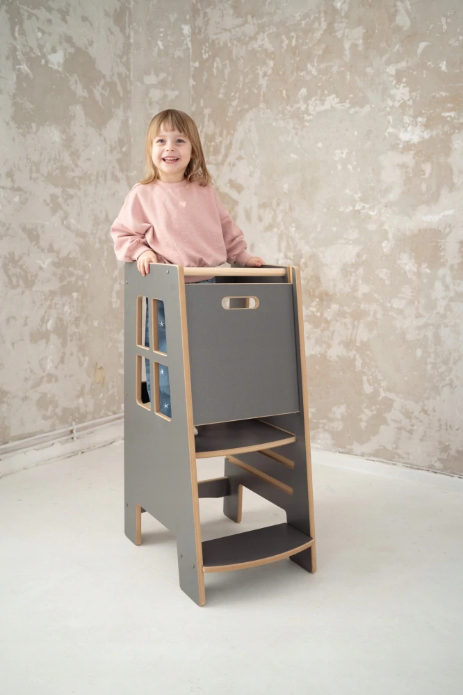 Montessori učicí věž EXTRA SAFE – nastavitelná, šedá