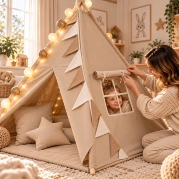 Dětský stan teepee s podložkou, polštářky a světýlky - béžová