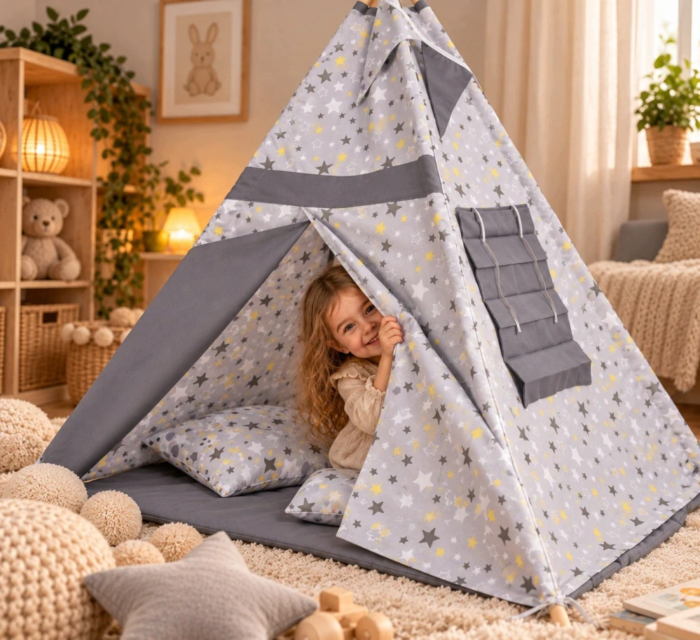 Dětský stan teepee s podložkou, polštářky a světýlky - hvězdičky, šedá