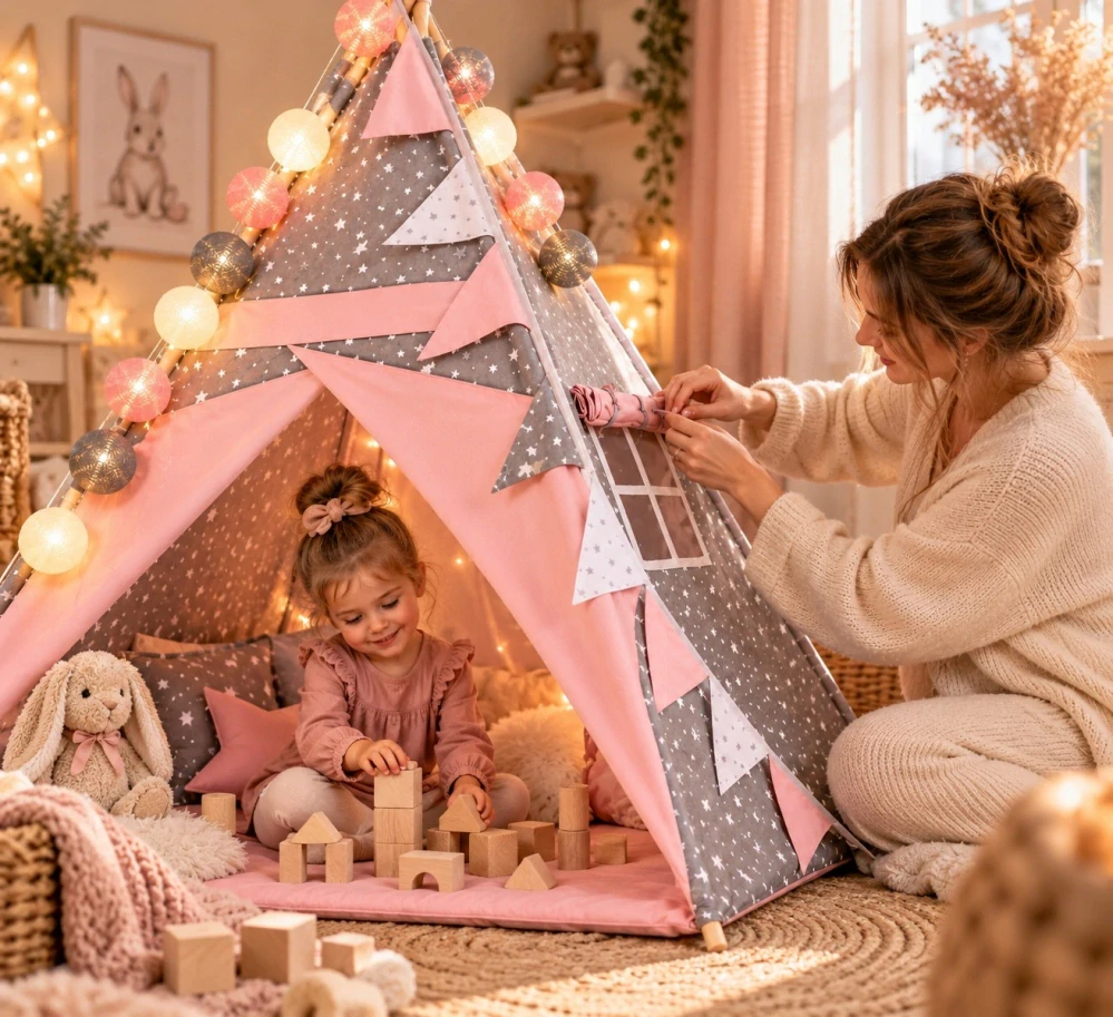Dětský stan teepee s podložkou, polštářky a světýlky - hvězdičky, růžová