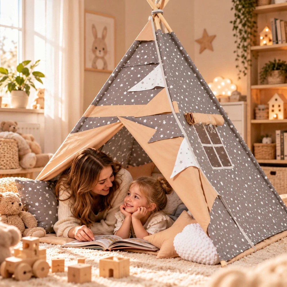 Dětský stan teepee s podložkou, polštářky a světýlky - hvězdičky, béžová