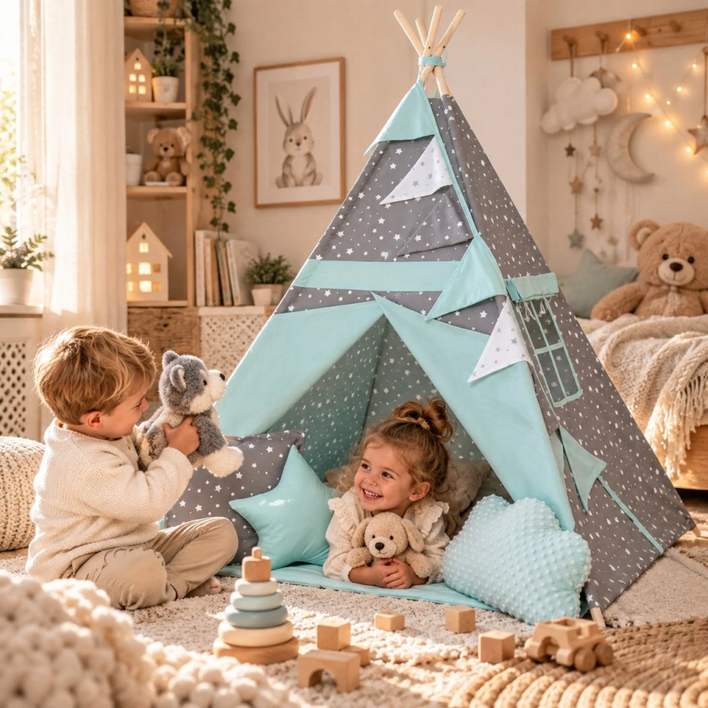 Dětský stan teepee s podložkou, polštářky a světýlky - hvězdičky, mátová