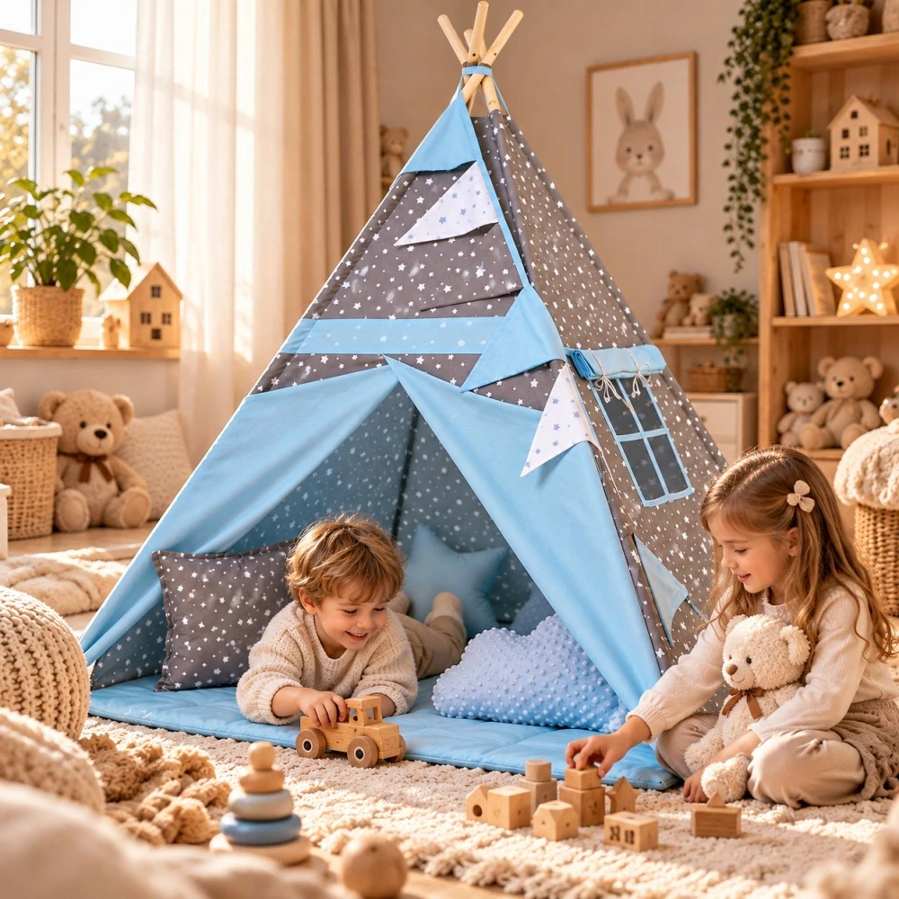 Dětský stan teepee s podložkou, polštářky a světýlky - hvězdičky, modrá