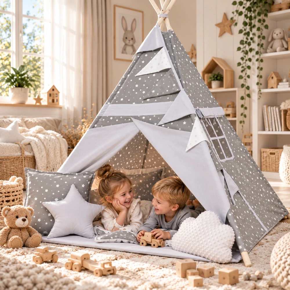 Dětský stan teepee s podložkou, polštářky a světýlky - hvězdičky, bilá