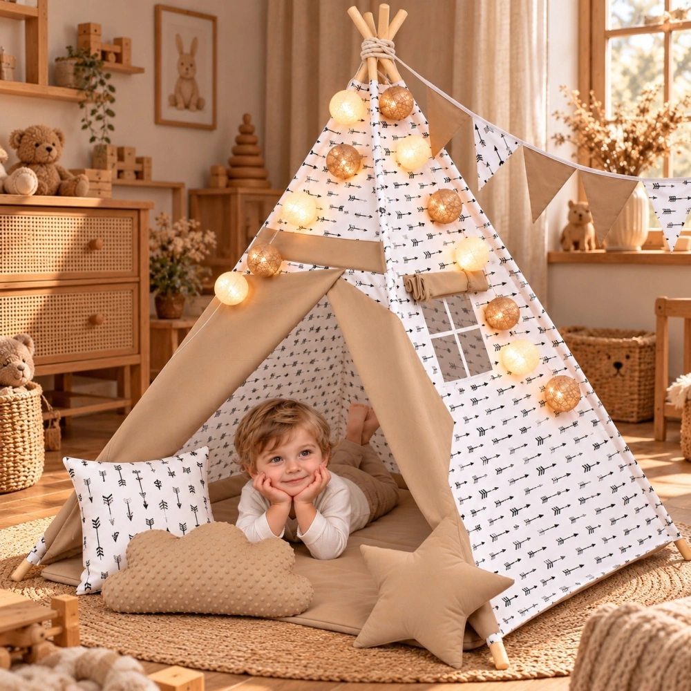 Dětský stan teepee s podložkou, polštářky a světýlky - šípy, béžová