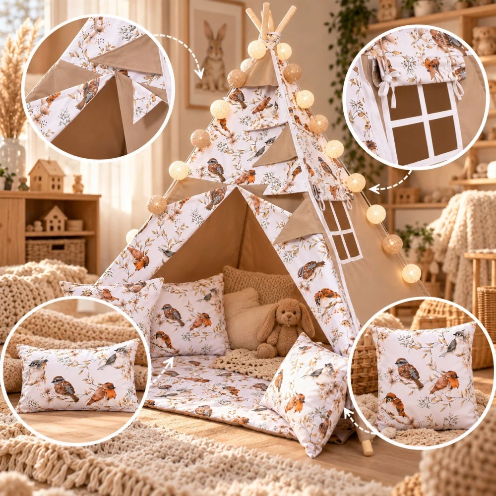 Dětský stan teepee s podložkou, polštářky a světýlky - ptáčci, béžová