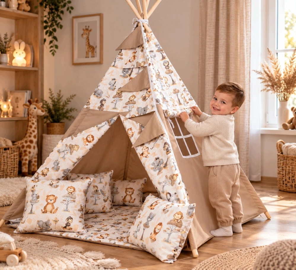 Dětský stan teepee s podložkou, polštářky a světýlky - zvířátka, béžová