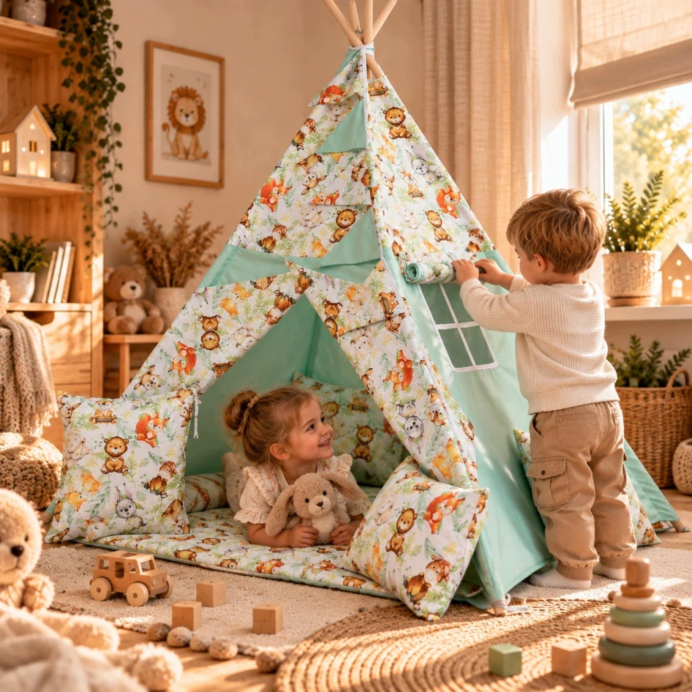 Dětský stan teepee s podložkou, polštářky a světýlky - zvířátka, mátová