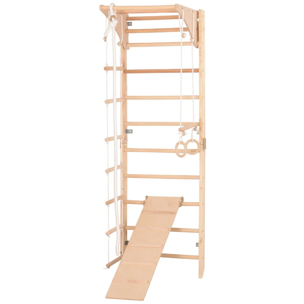 Žebřiny dřevěné s houpačkou, kruhy, žebříkem a skluzavkou KOMBI 3 - natural