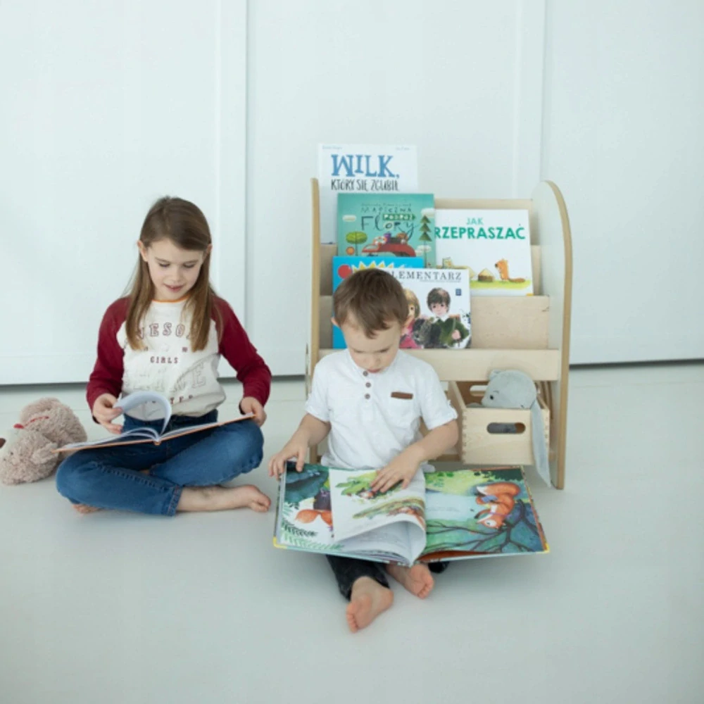 Montessori knihovna, dřevěná knihovna a hračky, organizér - mátová