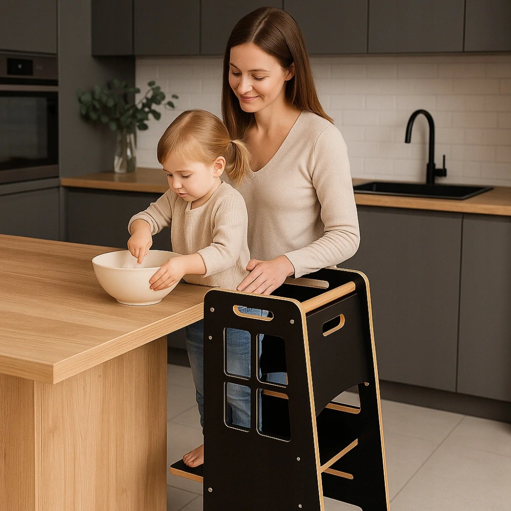 Učící věž Kitchen Helper - okénko, černá