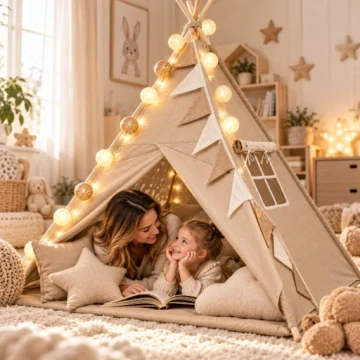 Dětský stan teepee s podložkou, polštářky a světýlky - béžová