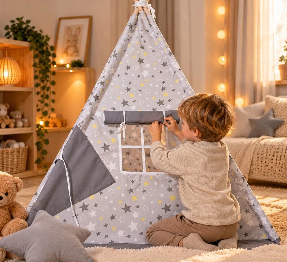 Dětský stan teepee s podložkou, polštářky a světýlky - hvězdičky, šedá