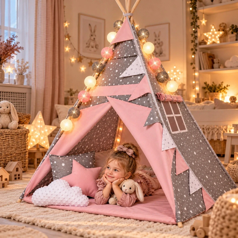 Dětský stan teepee s podložkou, polštářky a světýlky - hvězdičky, růžová