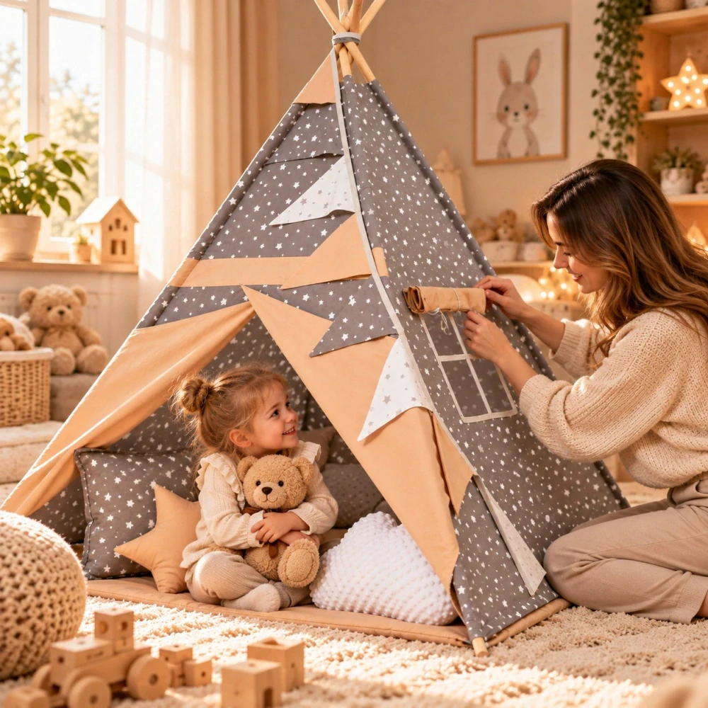 Dětský stan teepee s podložkou, polštářky a světýlky - hvězdičky, béžová
