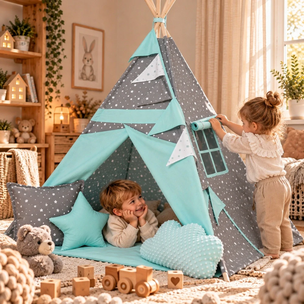 Dětský stan teepee s podložkou, polštářky a světýlky - hvězdičky, mátová