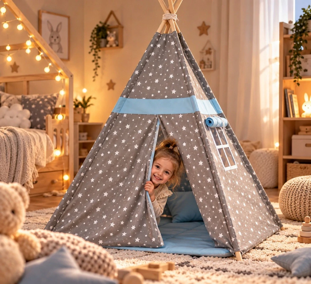 Dětský stan teepee s podložkou, polštářky a světýlky - hvězdičky, modrá