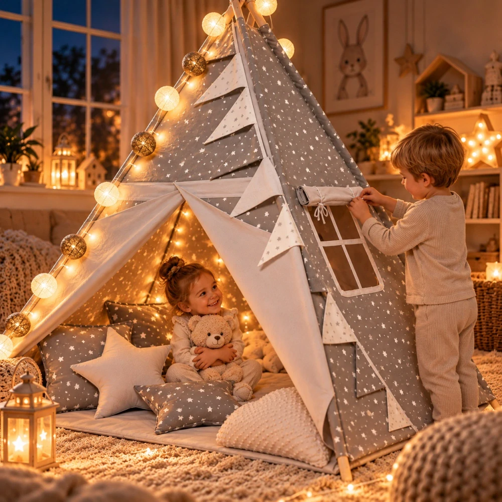 Dětský stan teepee s podložkou, polštářky a světýlky - hvězdičky, bilá