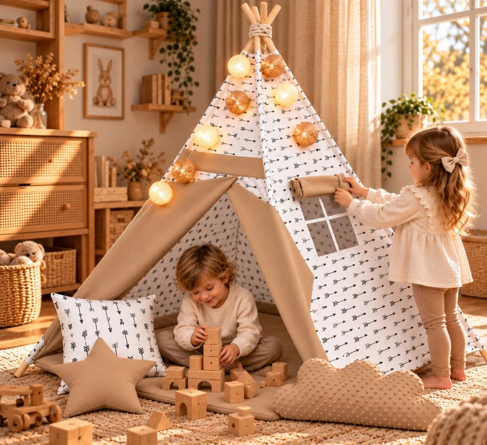 Dětský stan teepee s podložkou, polštářky a světýlky - šípy, béžová