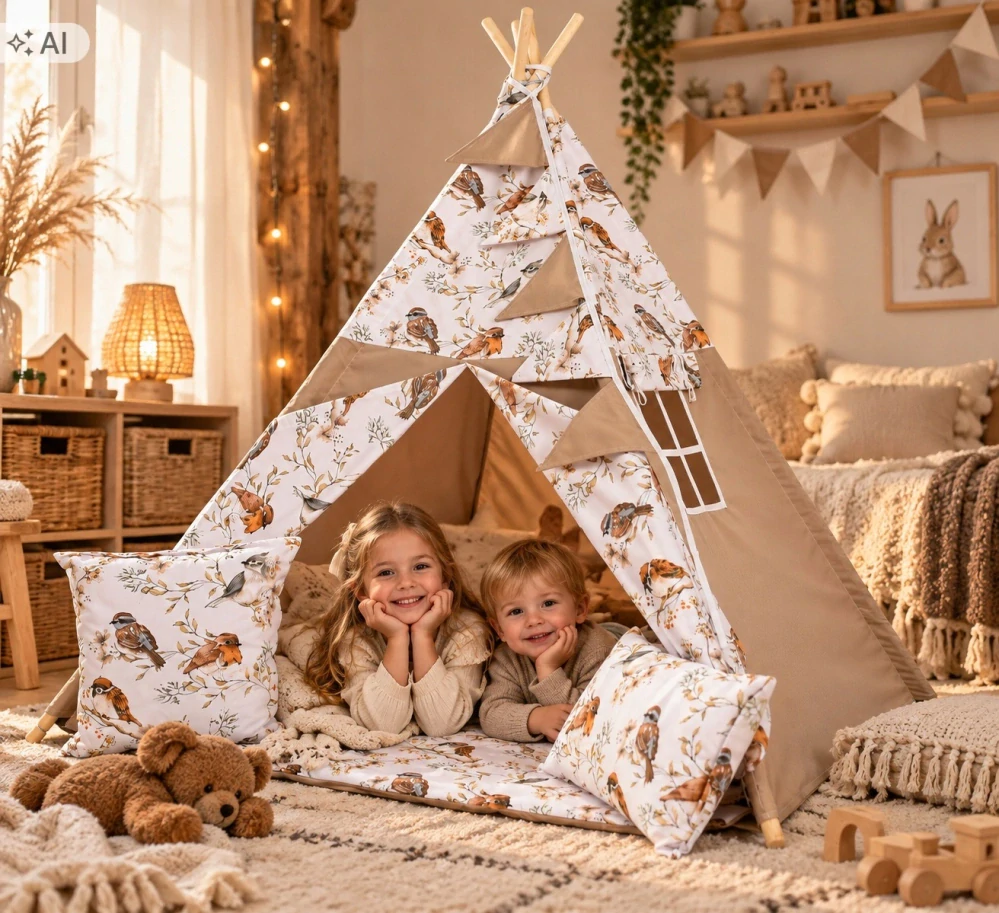 Dětský stan teepee s podložkou, polštářky a světýlky - ptáčci, béžová