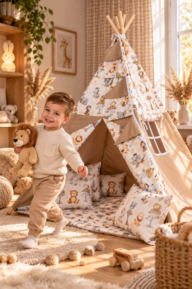 Dětský stan teepee s podložkou, polštářky a světýlky - zvířátka, béžová