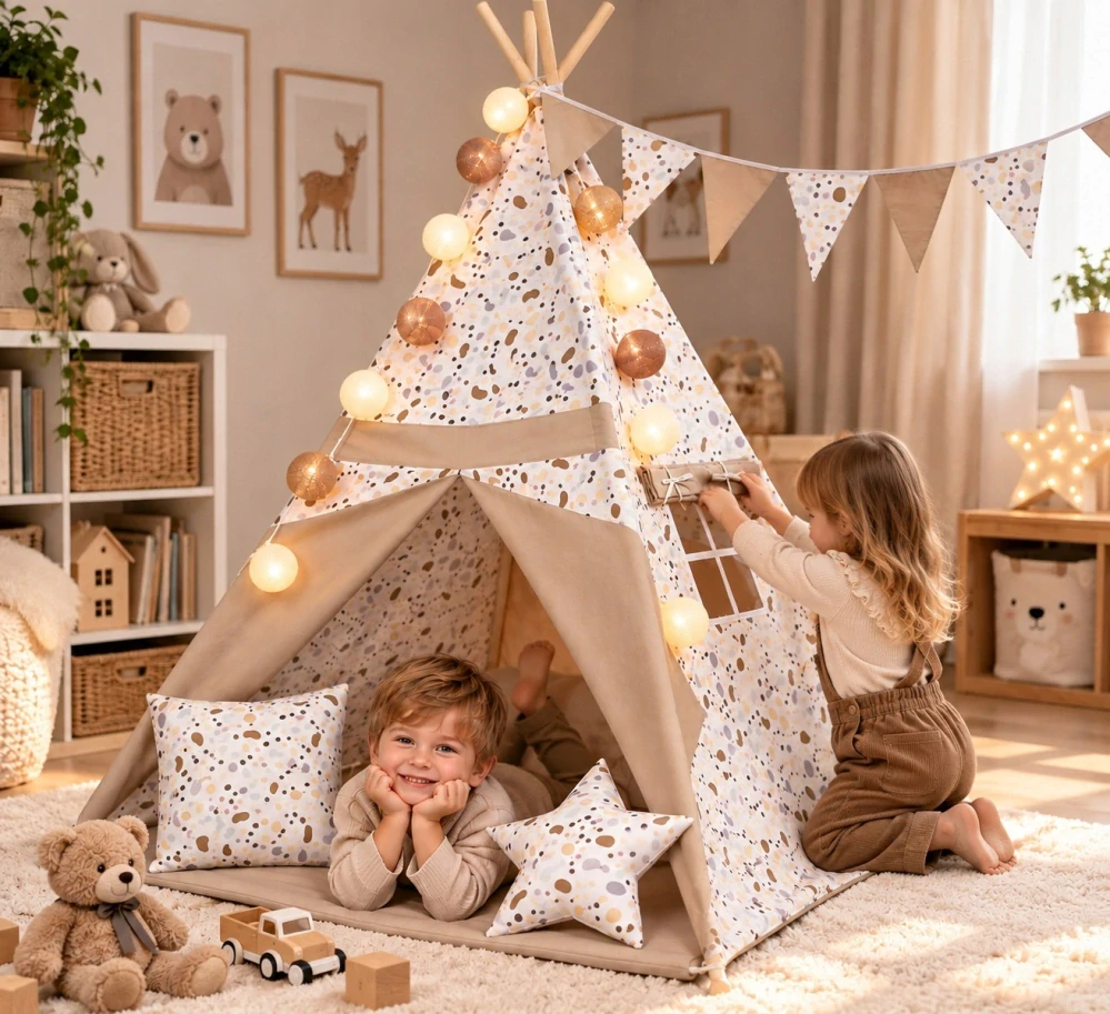 Dětský stan teepee s podložkou, polštářky a světýlky - puntiky, béžová
