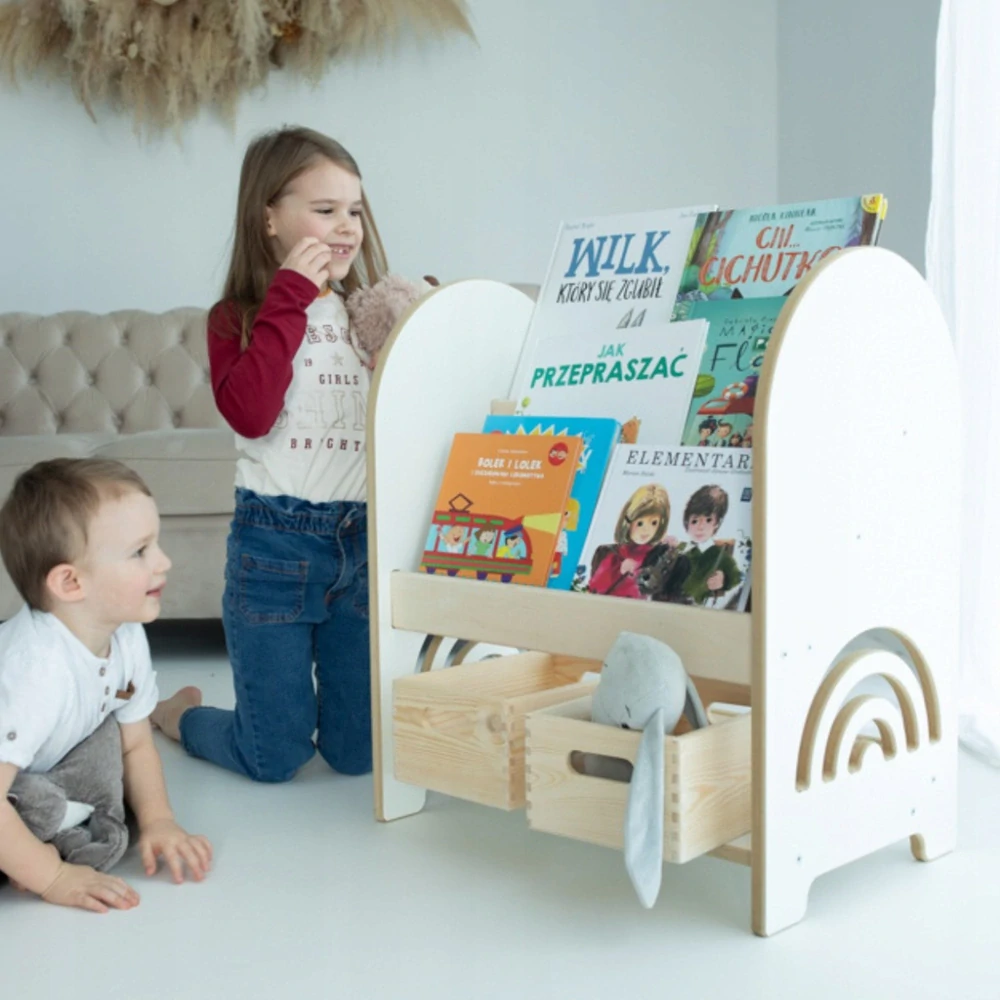 Montessori knihovna, dřevěná knihovna a hračky, organizér - mátová