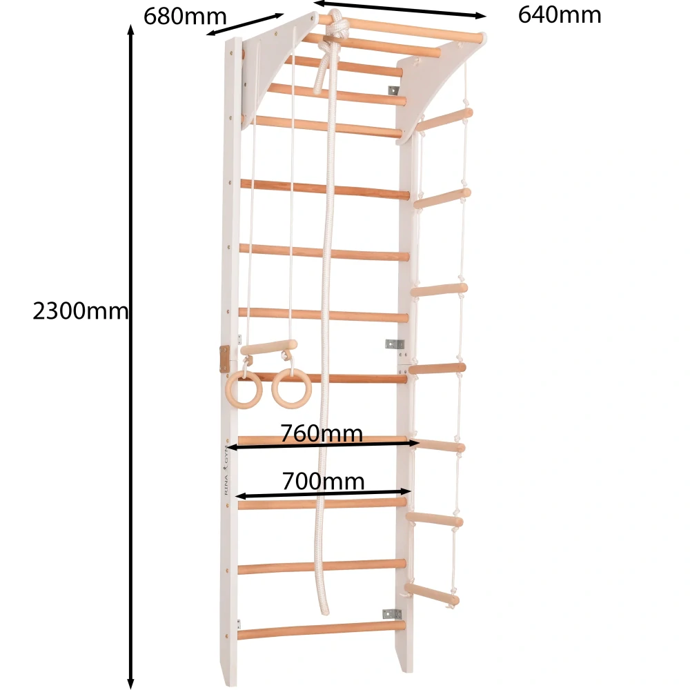Žebřiny dřevěné s houpačkou, kruhy a žebříkem KOMBI 2 - bílá