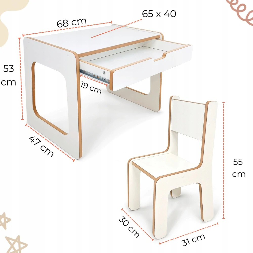 Dětský stůl se zásuvkou a židličkou 68 × 47 cm – bílý