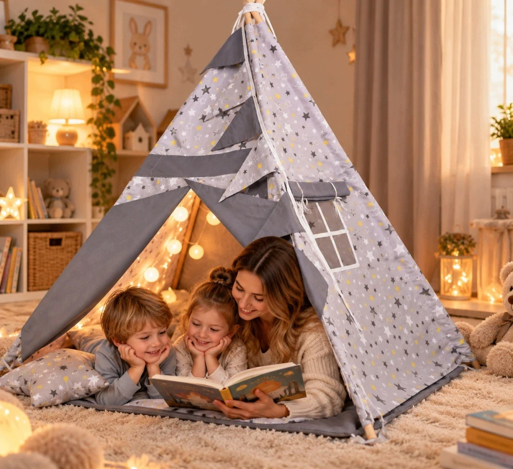 Dětský stan teepee s podložkou, polštářky a světýlky - hvězdičky, šedá