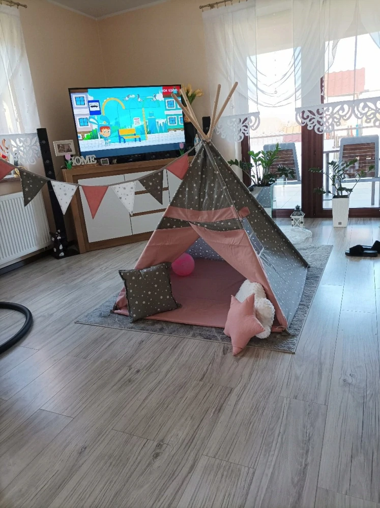 Dětský stan teepee s podložkou, polštářky a světýlky - hvězdičky, růžová