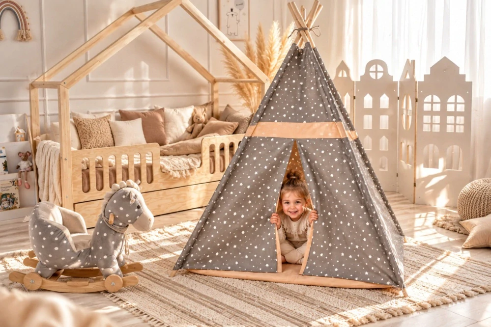 Dětský stan teepee s podložkou, polštářky a světýlky - hvězdičky, béžová