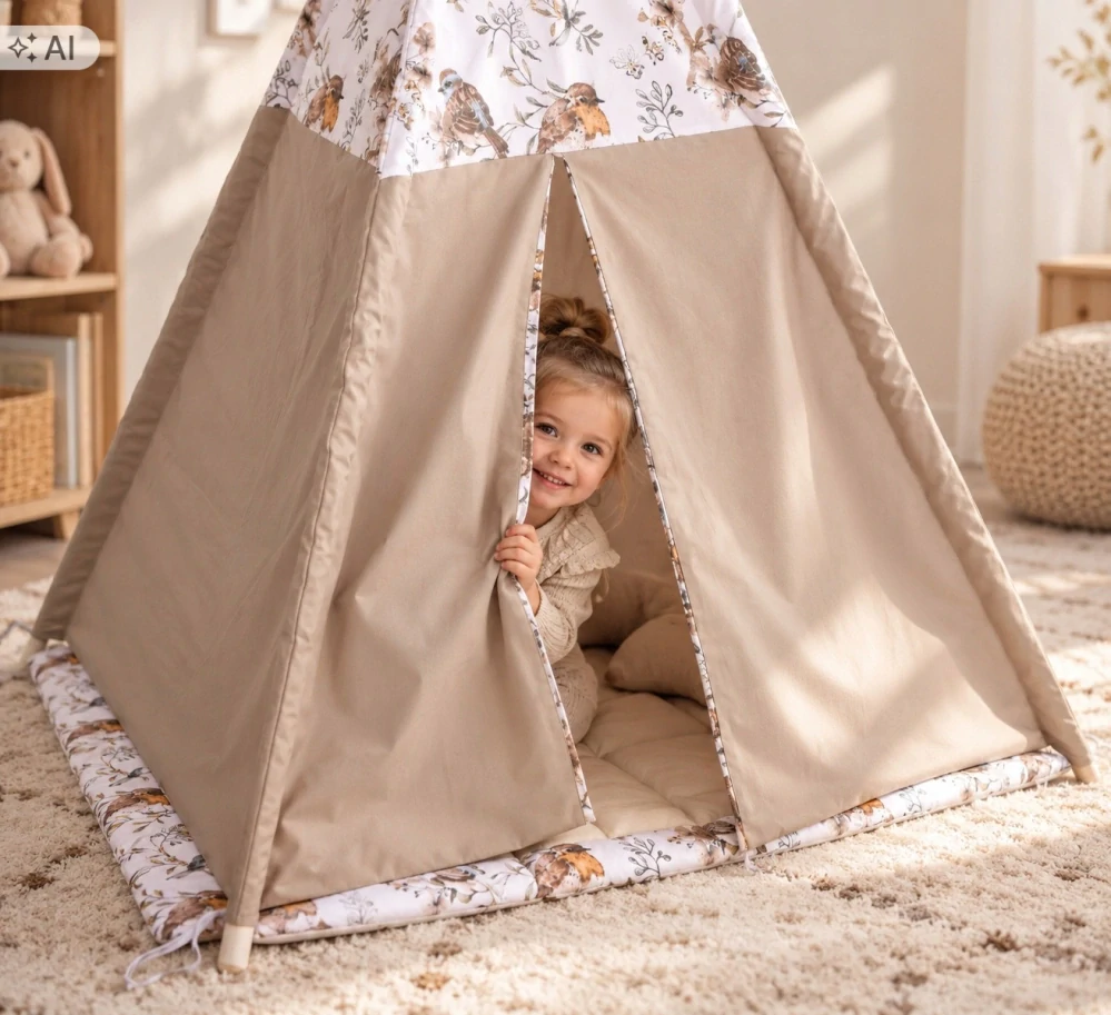 Dětský stan teepee s podložkou, polštářky a světýlky - ptáčci, béžová